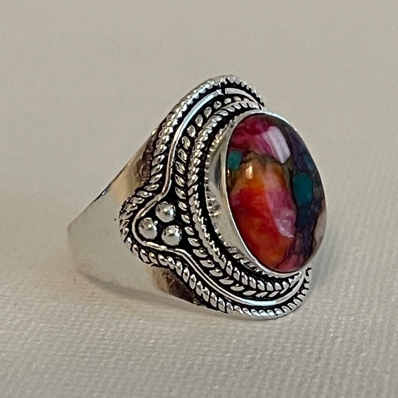 SOLID 925 STERLING SILVER GEMSTONE RING PINK SPINY OYSTER TURQUOISE SIZE 8.75 - Picture 9 of 10